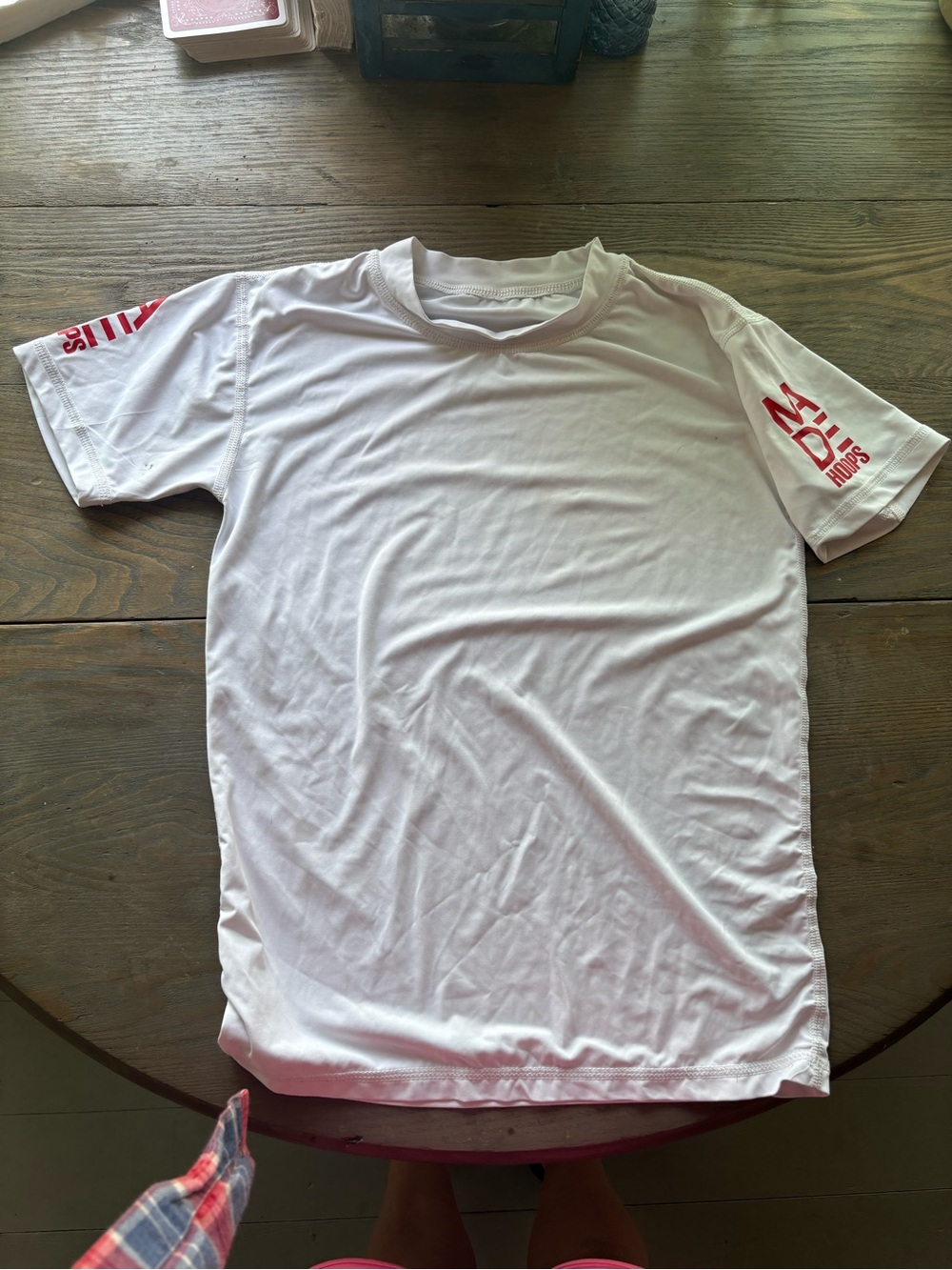 Youth XL MADE Hoops White Compression Performance Tee with Red Sleeve Logo